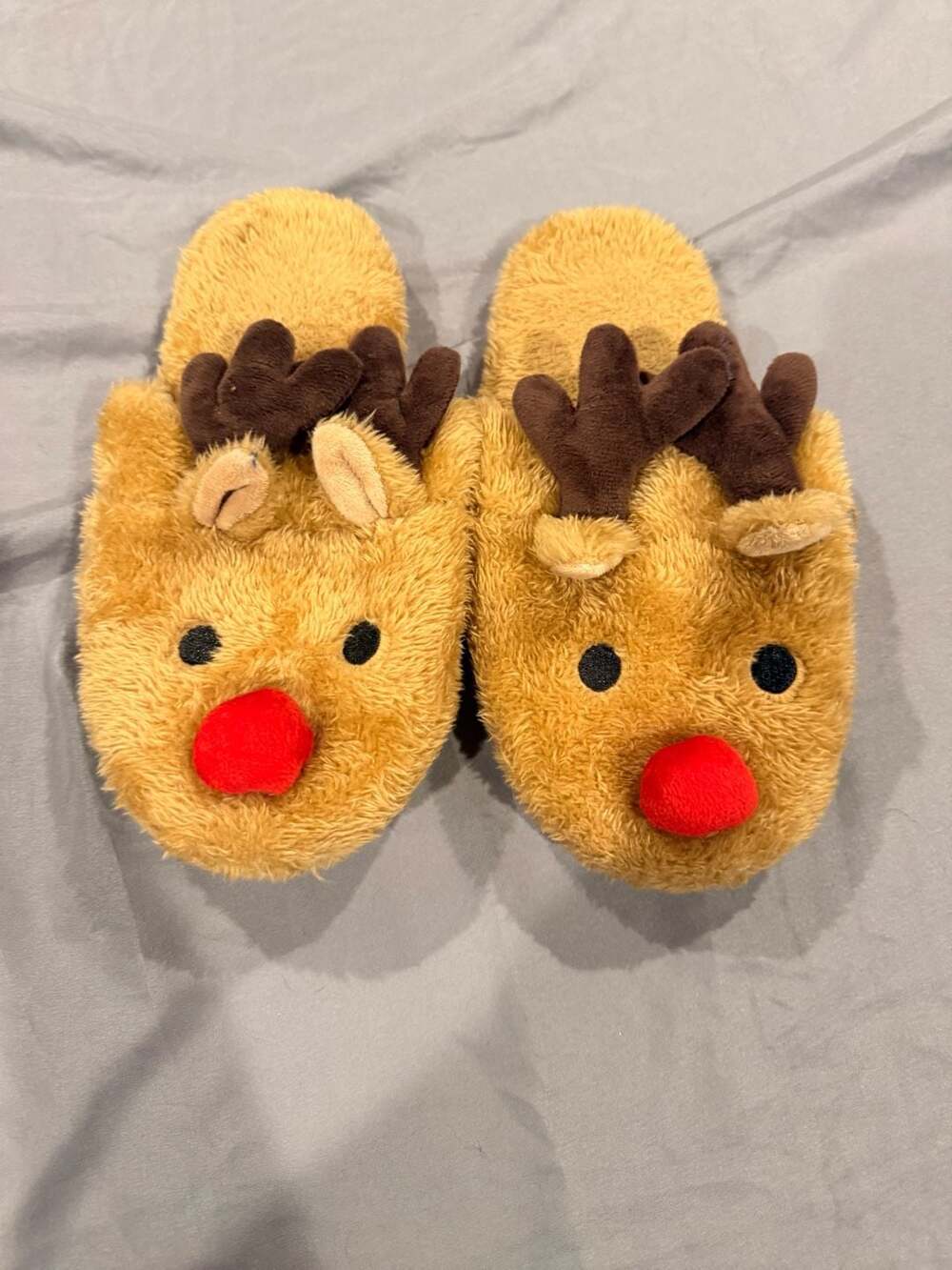 Unbranded Christmas Reindeer Slippers Size 38/39 Brown Plush Fuzzy Antlers
